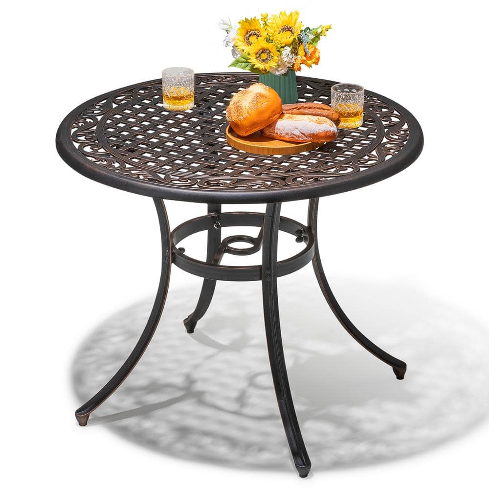 Bronze Round Cast Aluminum Patio Bistro Table with Umbrella Hole