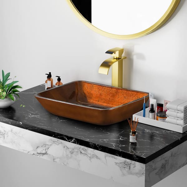 HBEZON Proteus Brown Tempered Glass Rectangular Vessel Sink with Faucet and Pop Up Drain