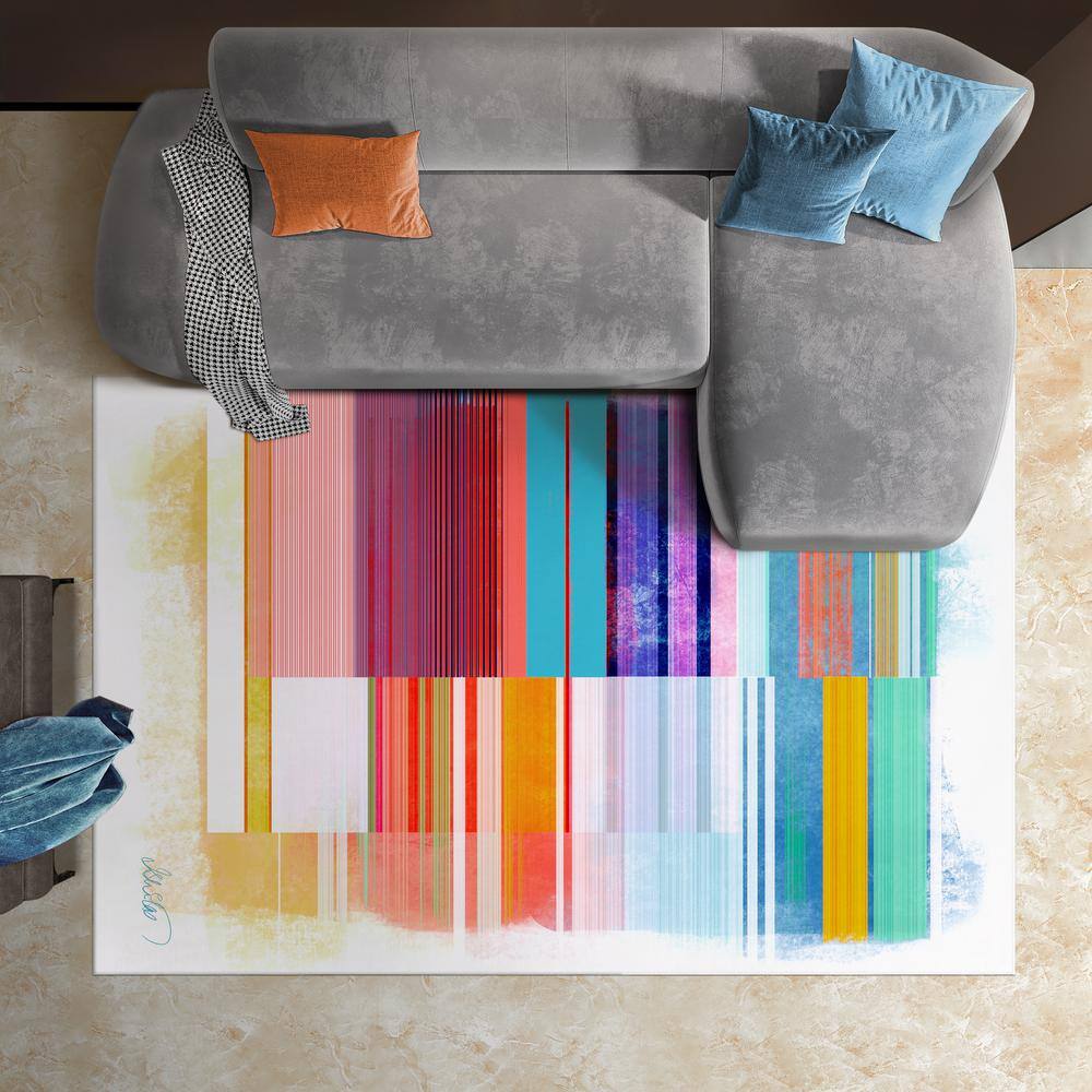 Ephemeral Linear Red and Multicolor Abstract Washable Rug 5' x 7'