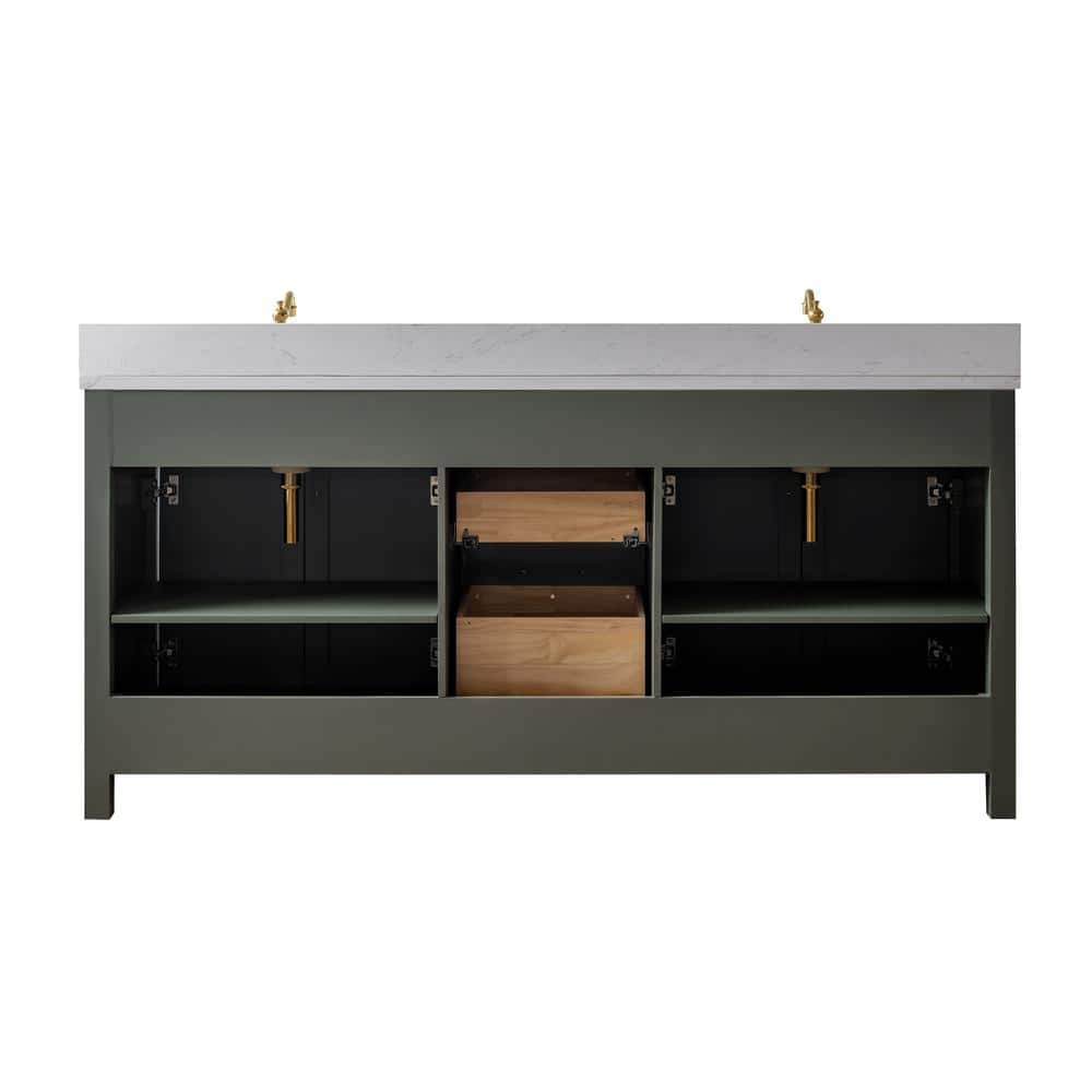 Vintage Green Double Vanity with Carrara White Top and Brushed Bronze Hardware