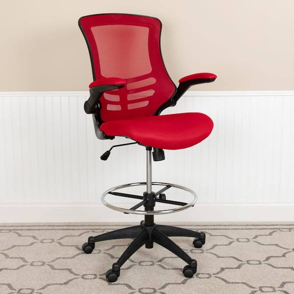 Carnegy Avenue Kelista Mesh Ergonomic Drafting Chair in Red Mesh with Flip-up arms and Adjustable Foot Ring