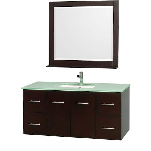 Wyndham Collection Centra 48 in. Vanity in Espresso with Glass Vanity Top in Aqua and Square Porcelain Undermounted Sink and Mirror