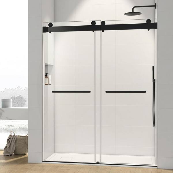 Staykiwi 60 in. W x 76 in. H Double Sliding Frameless Shower Door in Matte Black Finish with Buffer