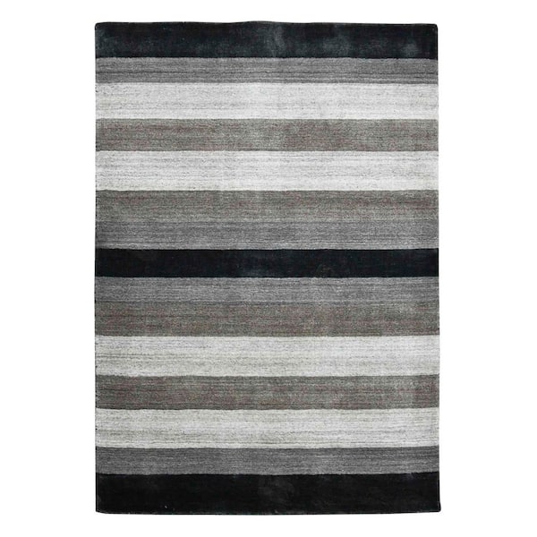 9 ft. x 12 ft. Black And Gray Wool Striped Hand Woven Area Rug