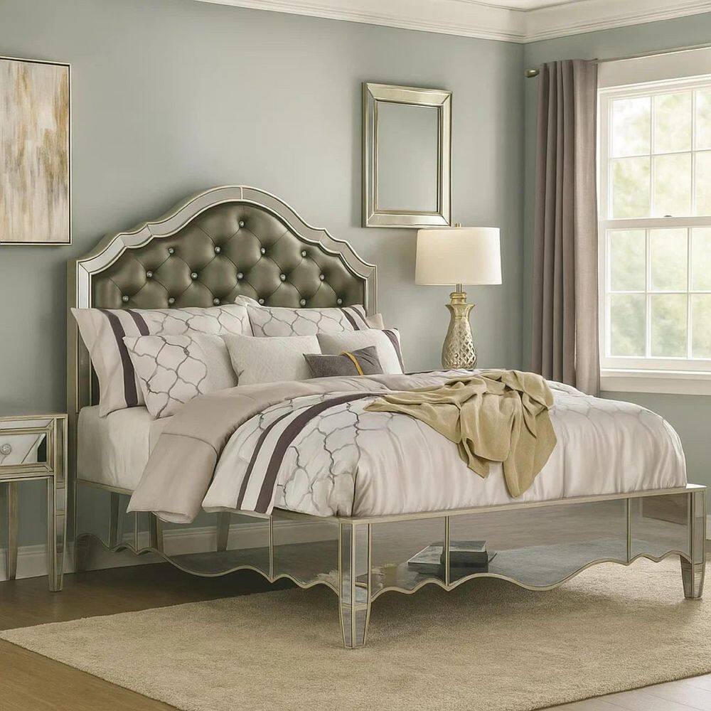 Mila Silver Wood Frame Queen Panel Bed with Upholstery Headboard