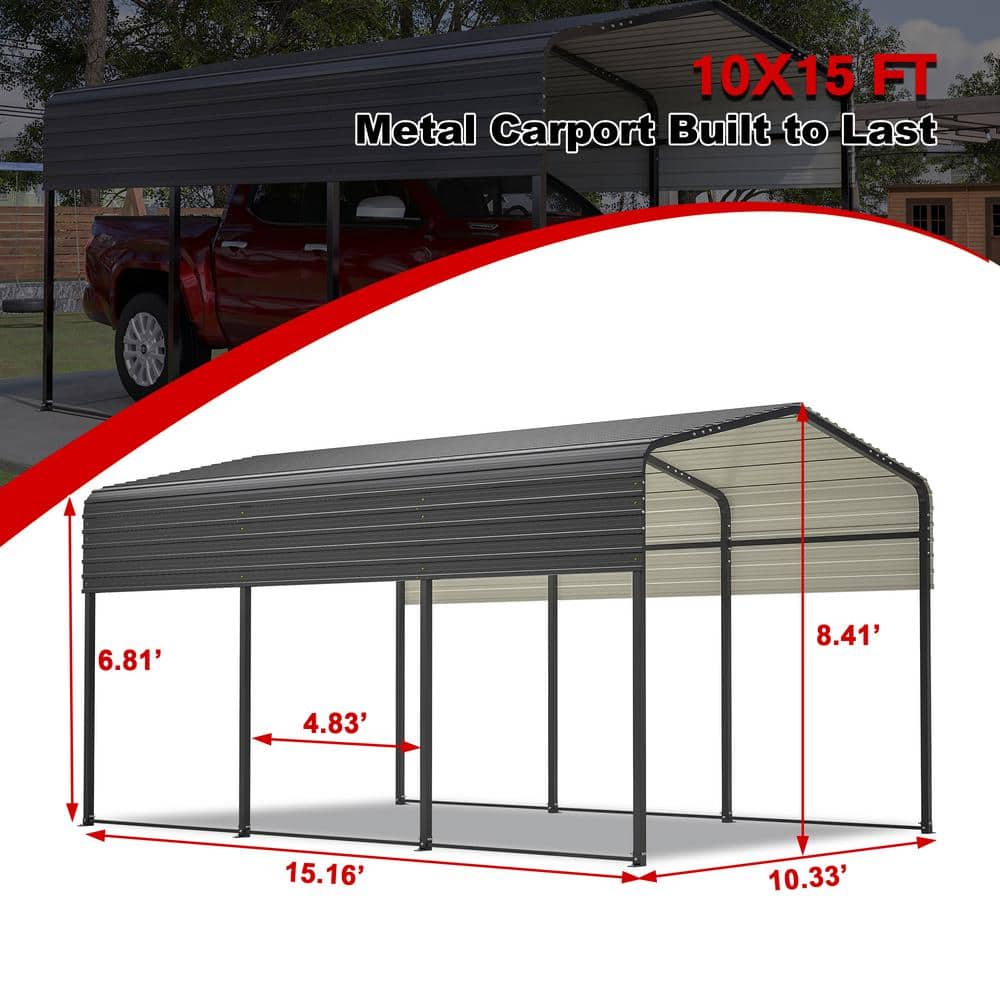 10 ft. x 15 ft. Black Metal Carport with Arch Roof