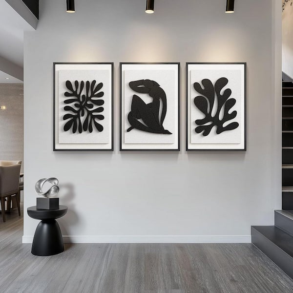 3 Piece Large 3D Textured Framed Abstract Wall Art Poster, Modern Black and White Artwork, 36 in. x 24 in
