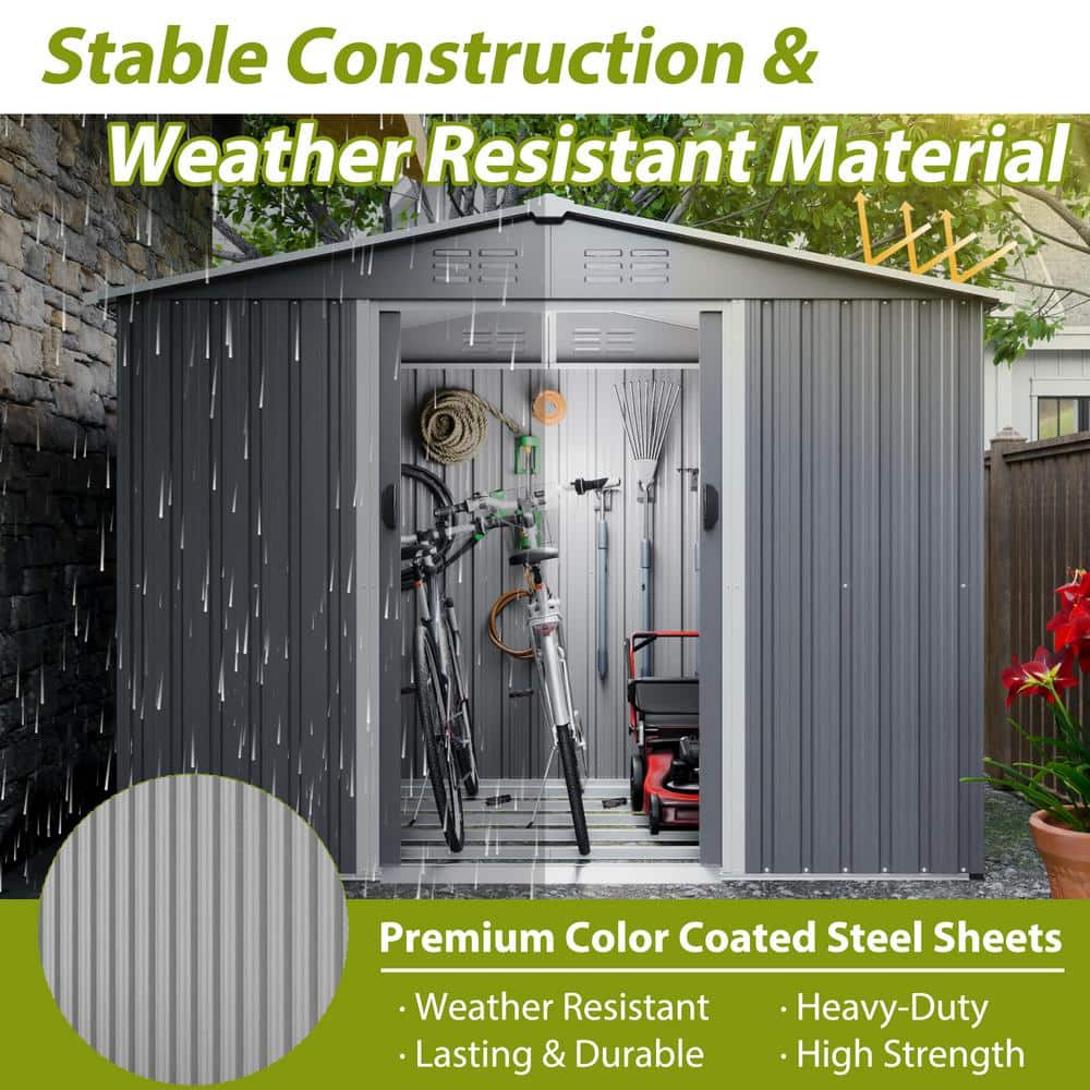 8x6 ft Gray Metal Outdoor Storage Shed with Double Doors