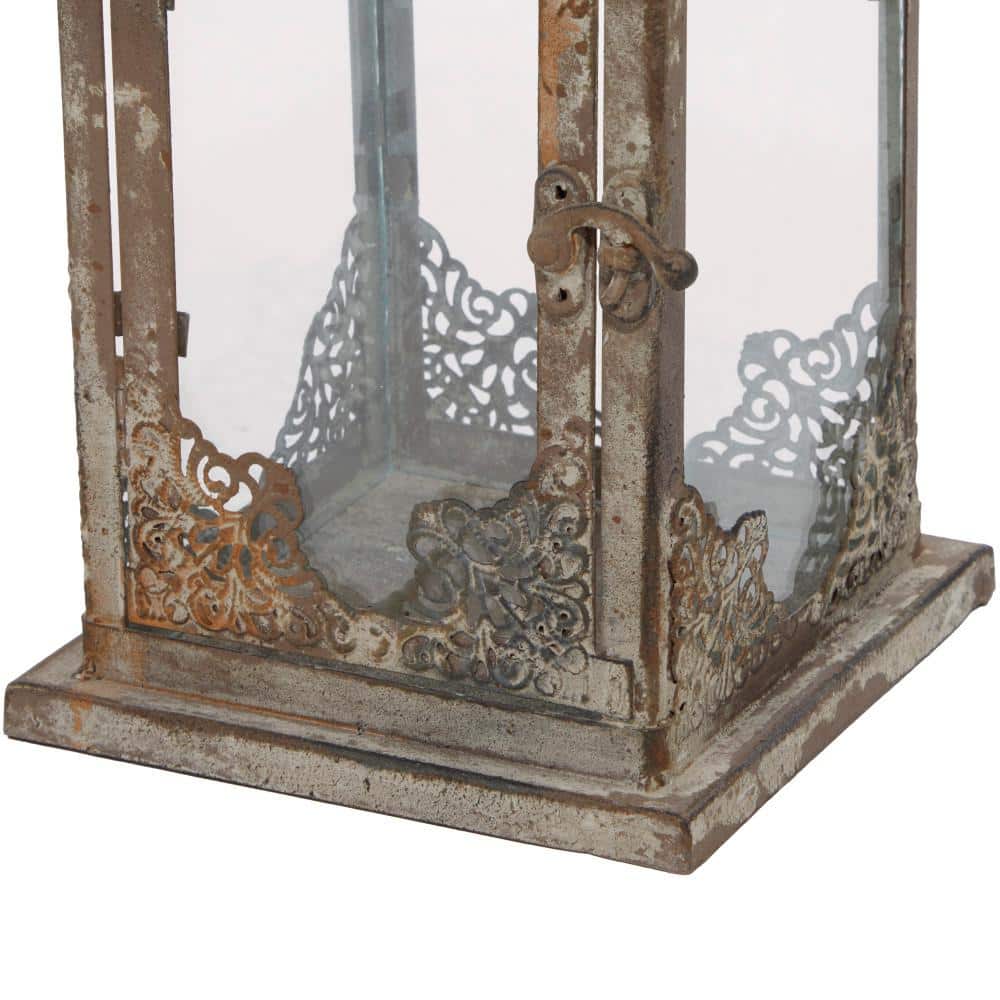 Elegant Tarnished Gray Iron and Glass Tabletop Lantern