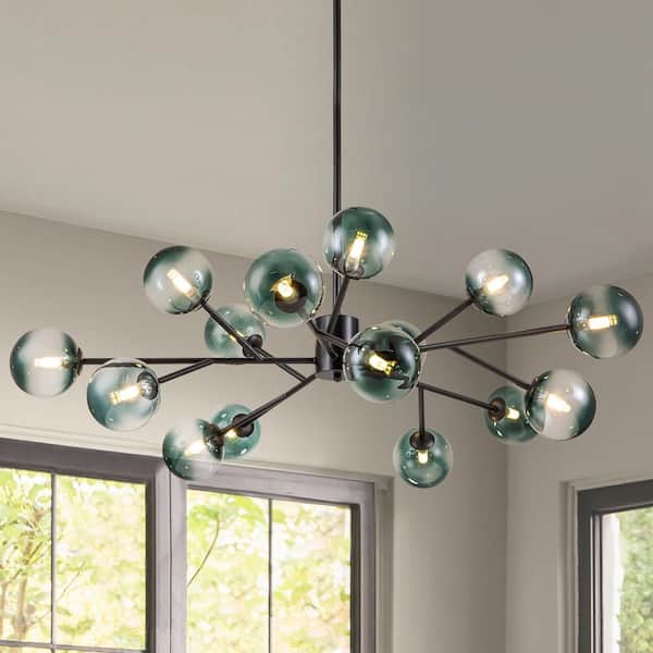 RRTYO Higginsville 15-Light Farmhouse Black Sputnik Sphere Linear Pendant Chandelier with Gradient Blue Glass Shade