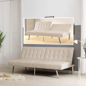 Cream, Faux Leather Tufted Split Back Futon Sofa Bed, Couch Bed, Futon Convertible Sofa Bed with Metal Legs