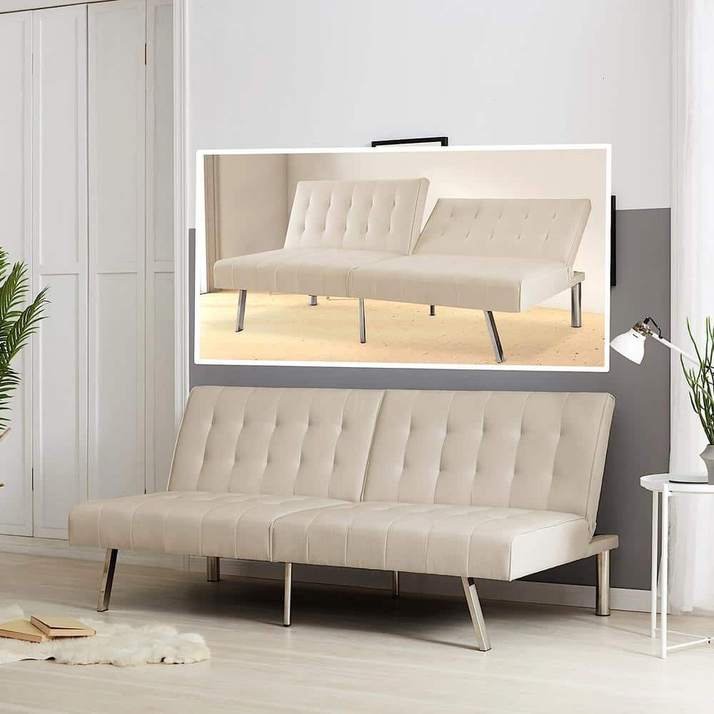 HOMESTOCK Cream Faux Leather Tufted Split Back Convertible Futon ...