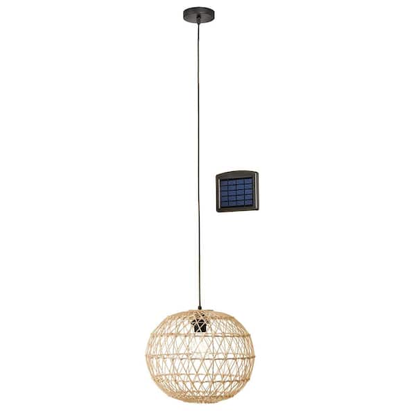 Hampton Bay Ashville 1-Light Brown Rattan LED Outdoor Solar Pendant Light with Remote Solar Panel