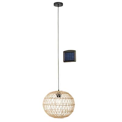 Ashville 1-Light Brown Rattan LED Outdoor Solar Pendant Light with Remote Solar Panel