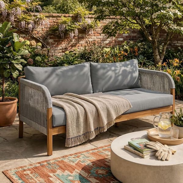 Acacia Wood Outdoor Day Bed with Rope, Patio Sofa With 2-Pillows and Gray Thick Seat Cushion for Garden Poolside Indoor