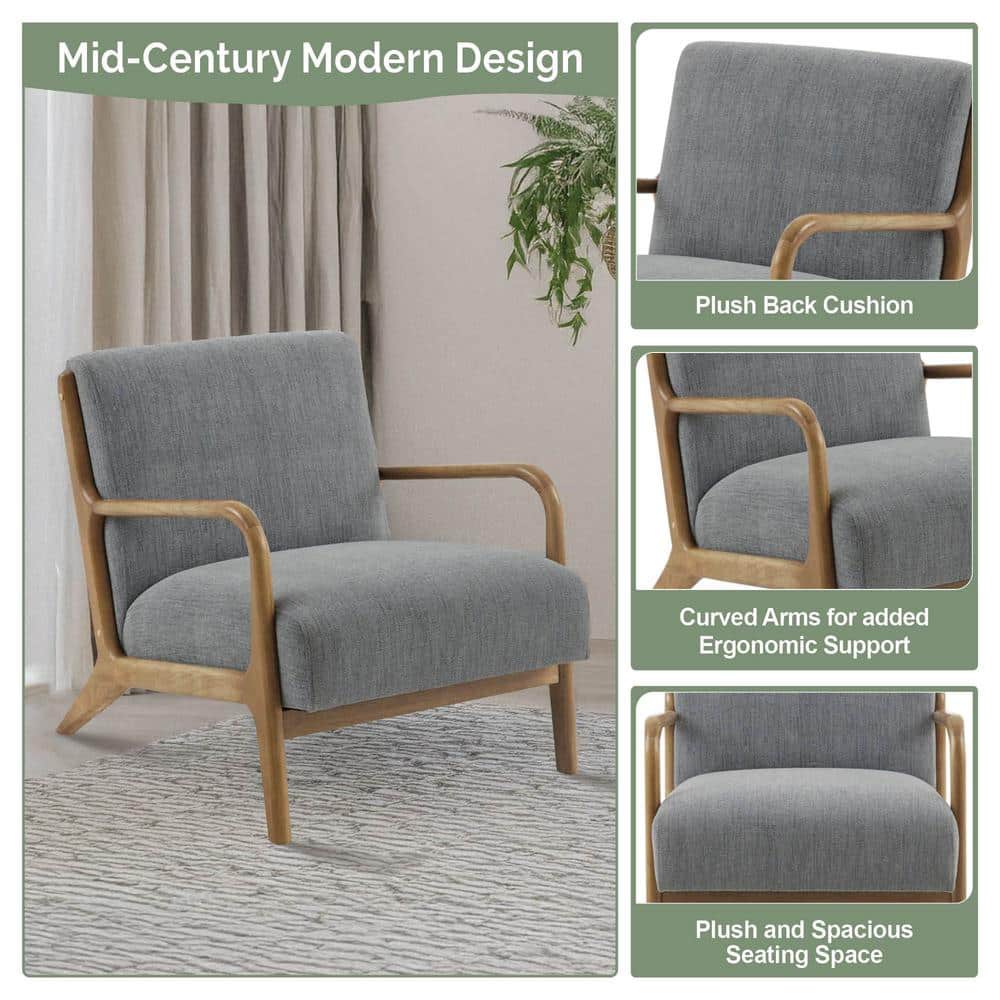 Mid-Century Elmwood Frame Accent Chair in Textured Gray
