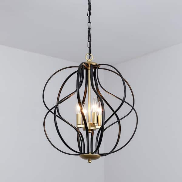 Maxax Frankfort 4-Light Black/Gold Unique Geometric Cage Chandelier Wrought Iron Accents