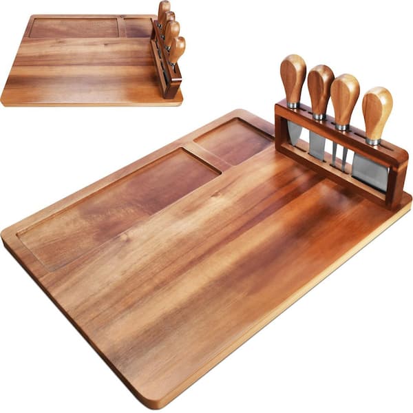 Acacia Wood Charcuterie Board with Magnetic Knife Holder and 4 Stainless Cheese Knives 14.4 x 11 in.