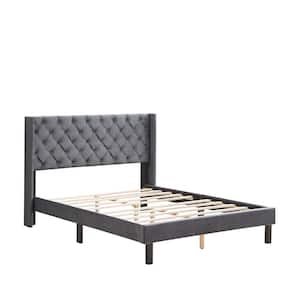 Gray Velvet Button Tufted-Upholstered Wood Frame Queen Size Platform Bed with Wings Design and Strong Wood Slat Support