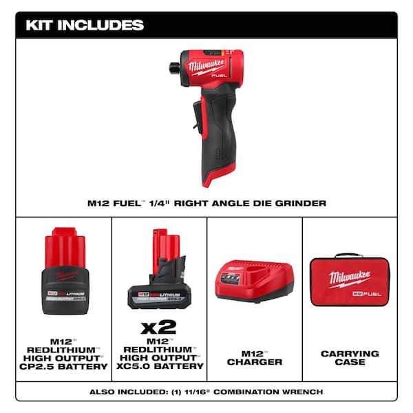 M12 FUEL 12V Lithium-Ion Brushless Cordless 1/4 in. Right Angle Die Grinder Kit w/ (2) 5.0 Ah & (1) 2.5 Ah Batteries
