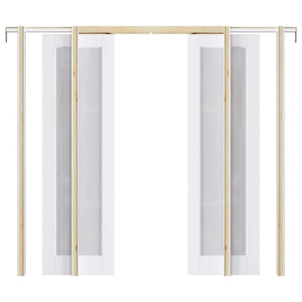 48 in. x 80 in. 1-Lite Glass White Primed MDF Pocket Sliding Door with Pocket Door Frame and Hardware Kit