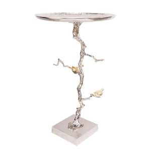 17 in. Silver and Gold Round Metal End Table with Bird Accents