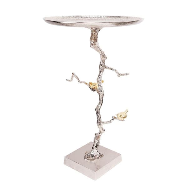 Benjara 17 in. Silver and Gold Round Metal End Table with Bird Accents