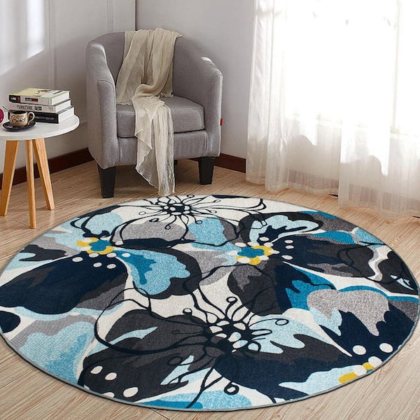 Contemporary Large Floral Non-Slip (Non-Skid) Gray 8 ft.  Round Indoor Area Rug