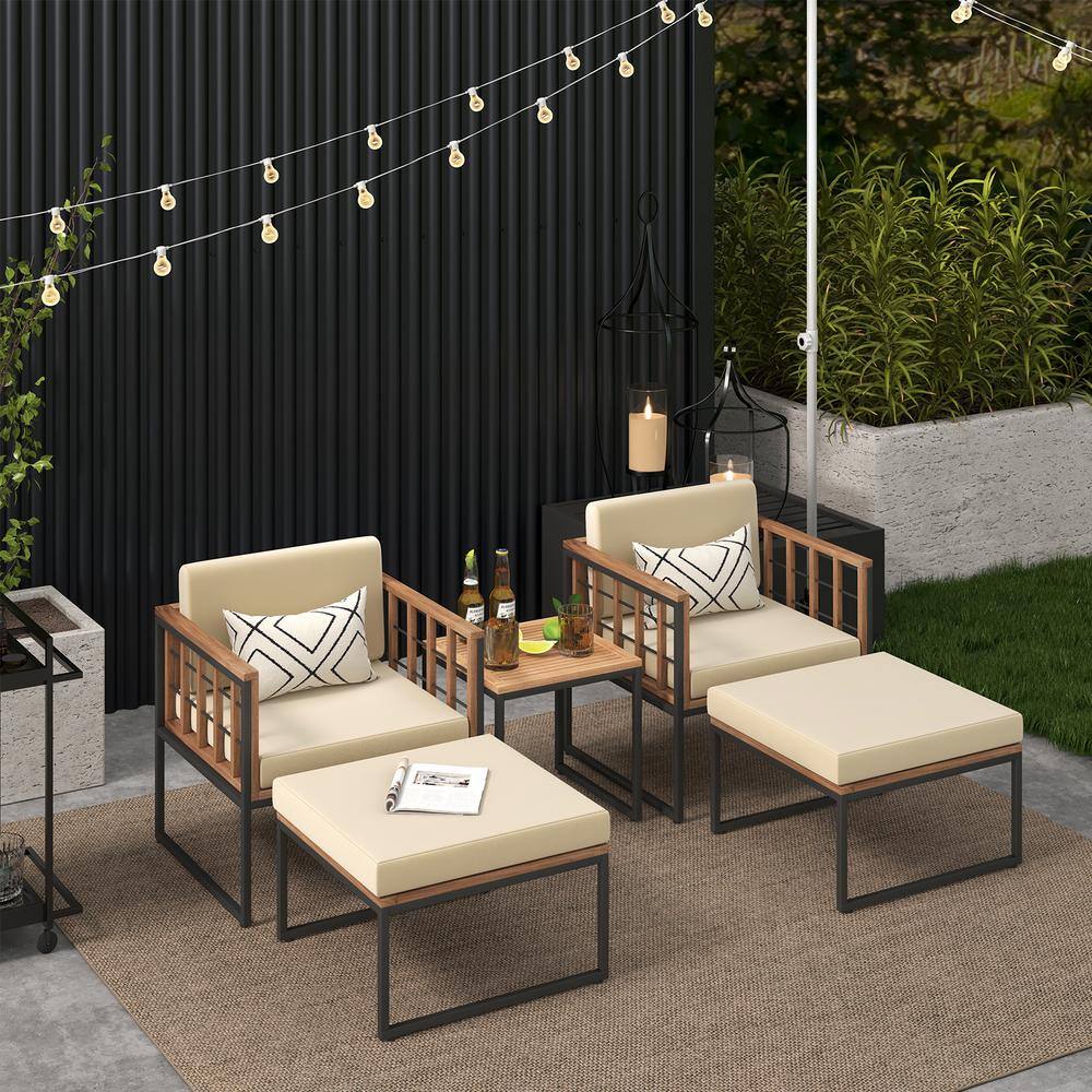 5-Piece Acacia Wood Patio Seating Set Chair Set with Ottomans, Coffee Table and Beige Cushions price history on PriceWatchPro