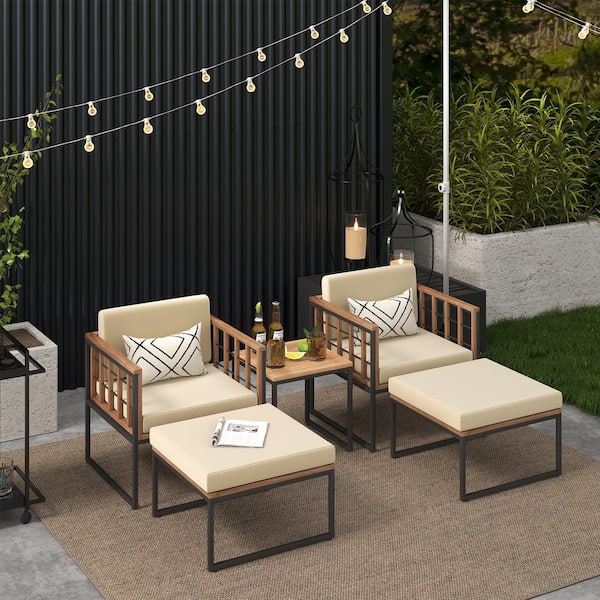 FORCLOVER 5-Piece Acacia Wood Patio Seating Set Chair Set with Ottomans, Coffee Table and Beige Cushions