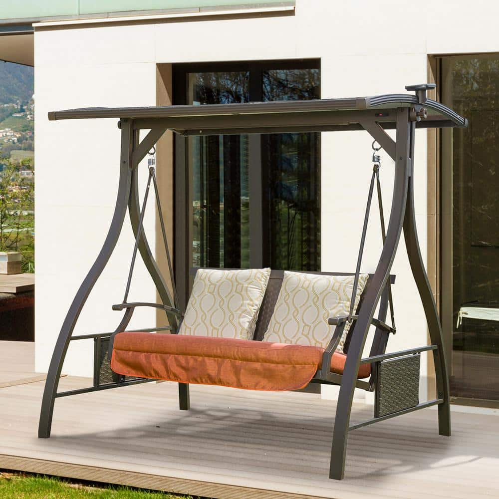 Zeus & Ruta 2-Person Metal Patio Swing With Adjustable Canopy Solar LED ...