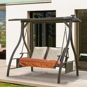 2-Person Metal Patio Swing With Adjustable Canopy Solar LED Light and 2 Sunbrella Cushions