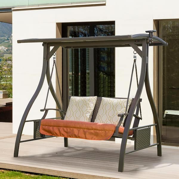 Zeus & Ruta 2-Person Metal Patio Swing With Adjustable Canopy Solar LED Light and 2 Sunbrella Cushions