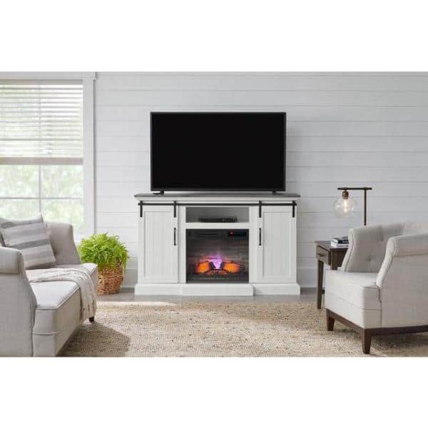 Home Decorators Collection Kerrington 60 in W. Freestanding Media Console Electric Fireplace TV Stand in White with Gray Top