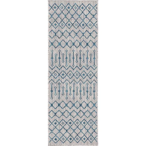 Unique Loom Gray/Teal Tribal Trellis Outdoor 2 ft. x 6 ft. Runner Rug