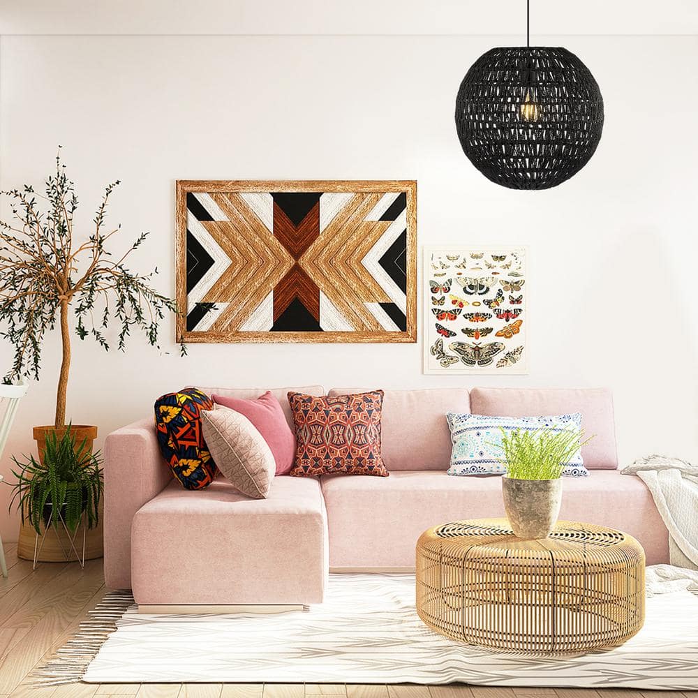 Luna 15.75" Bohemian Modern Black Woven Rattan/Iron LED Pendant