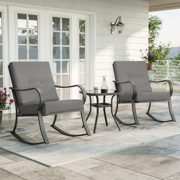 JOYESERY 3-Piece Patio Bistro Set Steel Frame Rocking Chair With Sponge Grey Cushions and Tempered glass table