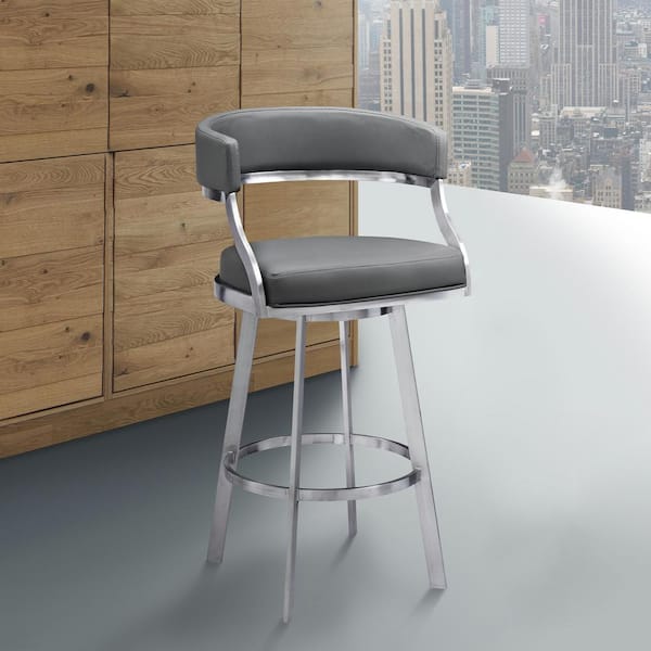 Romilly Contemporary 26 in. Counter Height in Brushed Stainless Steel Finish and Grey Faux Leather Bar Stool