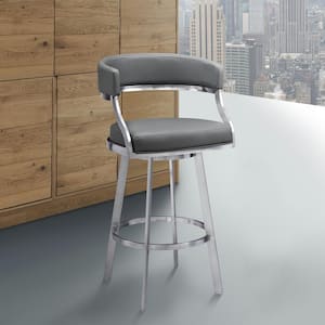 Saturn Contemporary 26 in. Counter Height Bar Stool in Brushed Stainless Steel and Grey Faux Leather
