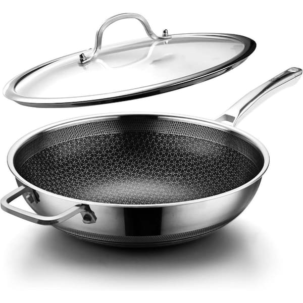 Wok 12 Inch Silver Stainless Steel Non Stick PFOA Free Induction Dishwasher Oven Safe Stir Fry Pan with Lid