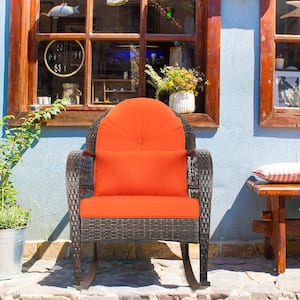 2-Pieces Patio Rattan Wicker Outdoor Rocking Chair Rocker Furniture with Orange Cushion