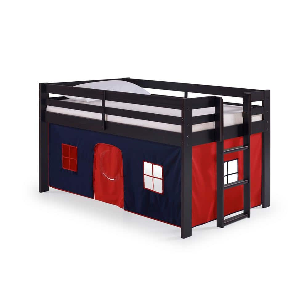 Jasper Espresso with Blue/Red Playhouse Tent Twin Junior Loft Bed