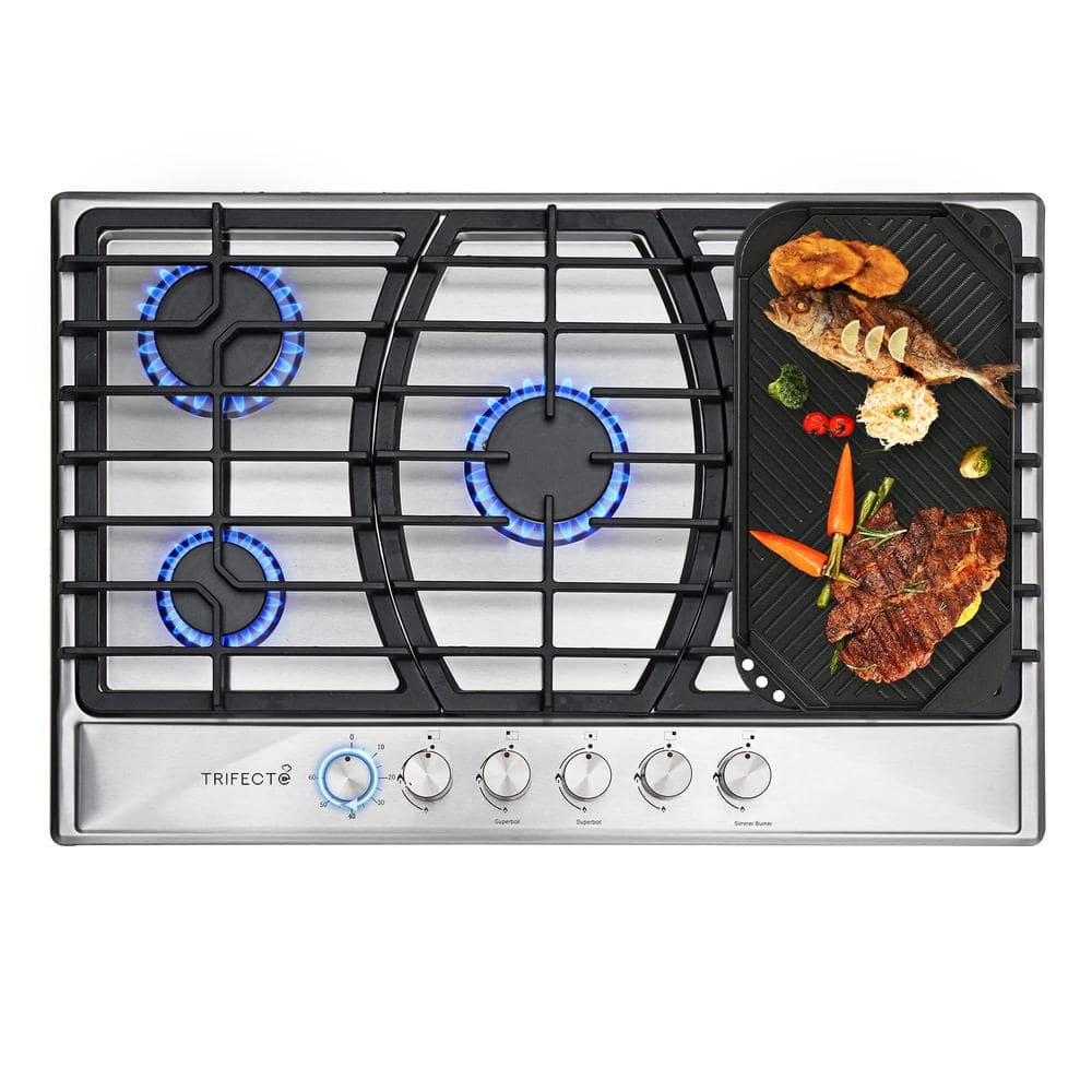 Zeus & Ruta 30 in. 5 Burners Recessed Gas Cooktop in Stainless Steel with Timer LPG/NG Convertible, Silver