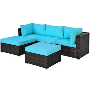 Ottoman 5-Piece Patio Rattan Sectional Conversation Set with Turquoise Cushions