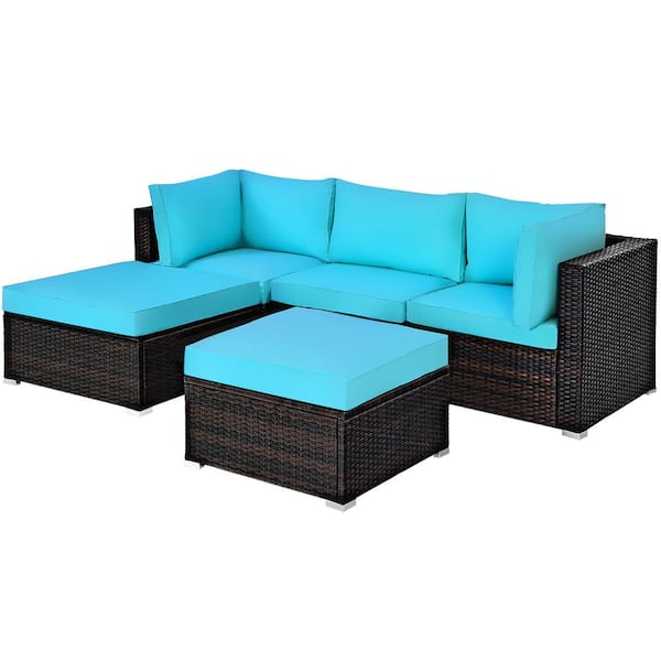 Costway Ottoman 5-Piece Patio Rattan Sectional Conversation Set with Turquoise Cushions