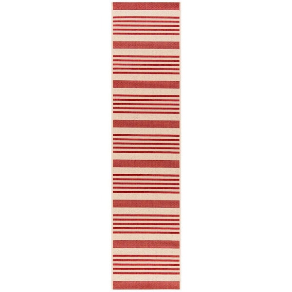 SAFAVIEH Beach House Beige/Red 2 ft. x 10 ft. Striped Indoor/Outdoor Patio  Runner Rug