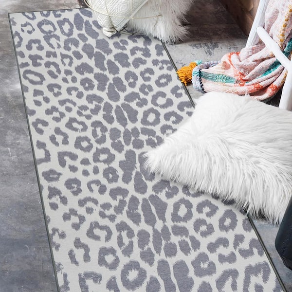 Miya Leopard Grey 2.5 ft. x 7 ft. Animal Print Washable Runner Rug