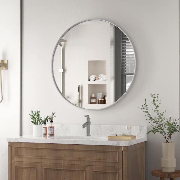 24 in. W x 24 in. H Medium Round Mirror Metal Framed Mounted Mirror Wall Mirrors Bathroom Mirror Vanity Mirror in Silver