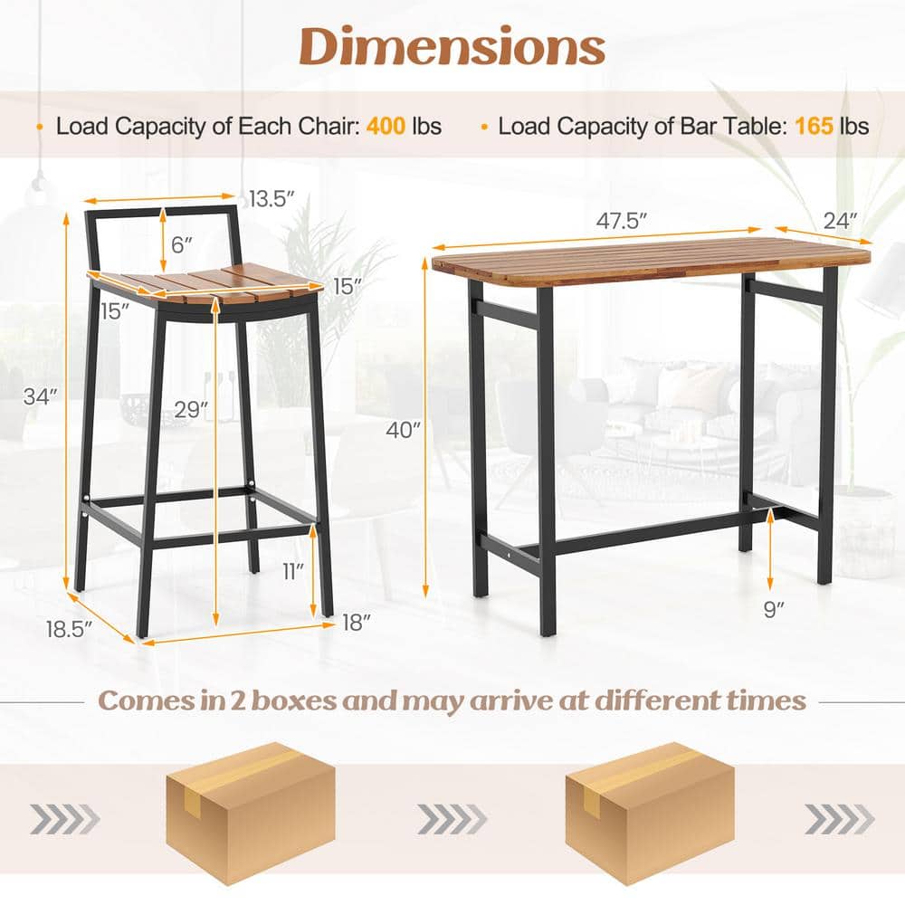 Natural and Black Acacia Wood 5-Piece Bar Height Table Set