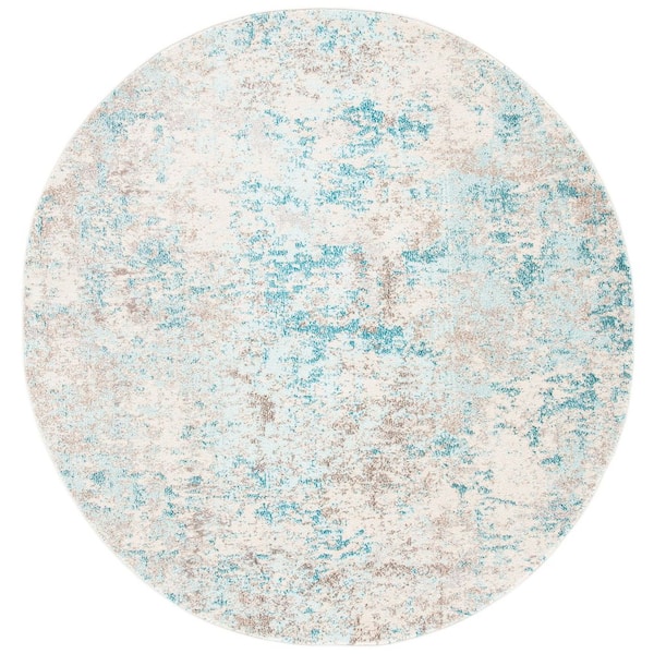 SAFAVIEH Madison Ivory/Teal 7 ft. x 7 ft. Geometric Abstract Round Area Rug